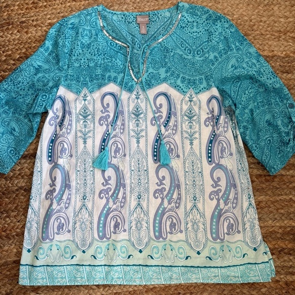 Chico's Tops - Chicos XL (Size 3) Blue Turquoise Tunic Top with Sequin Detail at Neckline